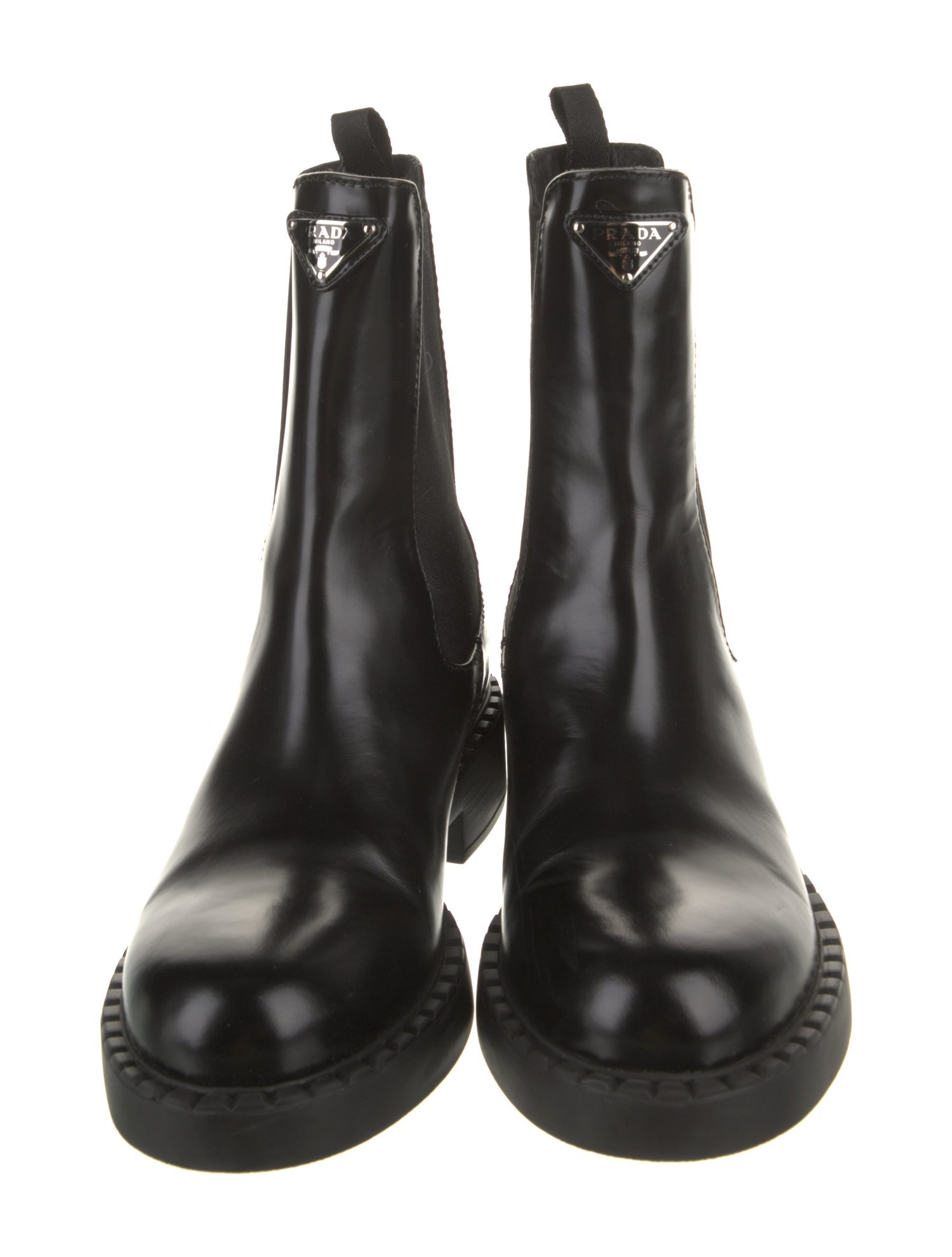 Prada Enameled Metal Triangle Leather Chelsea Boots